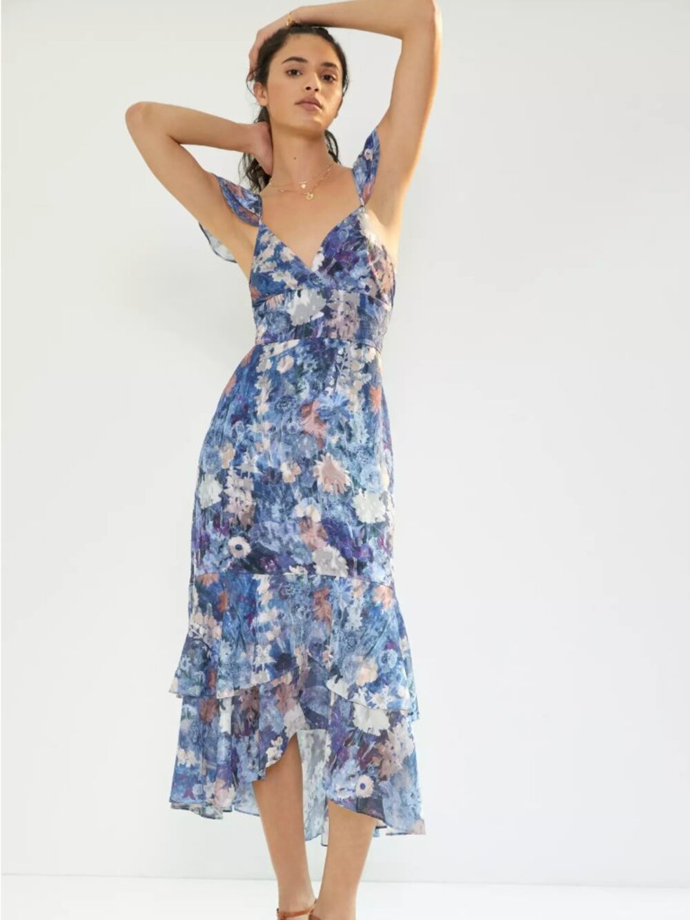 Hutch Blue Midi Dress Floral Ruffle Size 10P 10 Wedding Guest